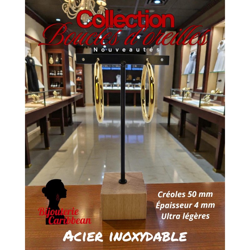 Créoles dorées 50 mm acier inoxydable | Bijouterie Caribbean