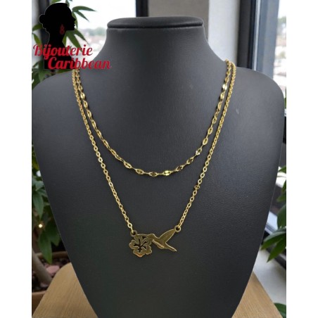 Double Chain Guadeloupe Hibiscus Necklace Stainless Steel | Bijouterie Caribbean
